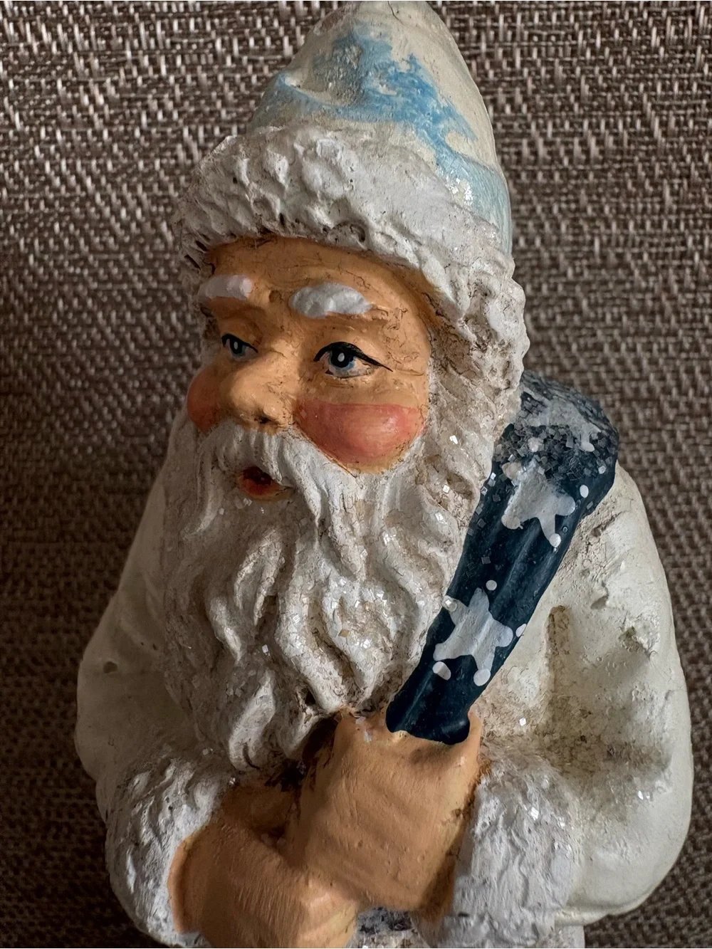 RAZ Imports White Father Christmas Santa Claus Figurine Blue Sack  Folk Art 7.5”